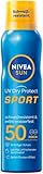 NIVEA SUN UV Dry Protect Sport Sonnenspray LSF 50 (200 ml), 100% transparenter und erfrischender Sonnenschutz, schweißresistente & extra wasserfeste Sonnencreme mit LSF 50