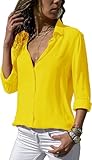 ASKSA Damen Bluse Chiffon Elegant Langarm/Kurzarm Oberteile Einfarbig V-Ausschnitt Lose Hemdbluse T-Shirt Tops (Gelb,L)