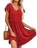 Hotouch Damen Sommerkleid V-Ausschnitt Strandkleid Knielang Kurzarm Freizeitkleid Schicke Elegant Shirtkleider Einfarbig Kleider mit Taschen Rot L