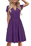 STYLEWORD Damen Sommerkleid Kurzarm V-Ausschnitt Kleider Einfarbig kleid Strandkleid Mit Taschen(Violett,Groß)