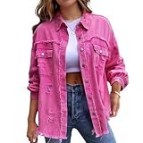 HOTIAN Damen Jeansjacke jeansjacken für damen übergangsjacke damen Vintage Jean Mantel Übergangs Ripped Denim Jacken Pink L