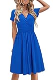 STYLEWORD Damen Sommerkleid Kurzarm V-Ausschnitt Kleider Einfarbig kleid Strandkleid Mit Taschen(Blau,X-Groß)