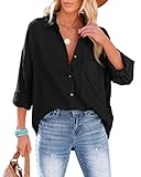 NONSAR Bluse Damen Lässiges Hemd mit V-Ausschnitt 100% Baumwolle Lockere Passform Solide Dickes Oberteil Elegant mit Tasche(9353XXL,Schwarz)