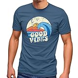 Neverless® Herren T-Shirt Good Vibes Welle Hippie Slogan Statement Surf Design Vintage Retro Fashion Streetstyle Denim Blue XL