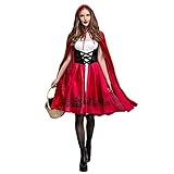 IWEMEK Damen Rotkäppchen Kostüm mit Kleid und Umhang mit Kapuze Erwachsene Karneval Faschingskostüme Halloween Festlich Cosplay Prinzessin Make Up Partykleid Märchen Verkleidung Outfits