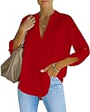 NONSAR Damen Bluse Elegant V-Ausschnitt Henley Hemdbluse Aufrollbaren Ärmeln Locker Blusen(9351XXL,Rot)