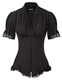 Damen Gothic Plissee Shirt Tops Renaissance Short Puff Sleeve V-Ausschnitt Bluse Schwarz S