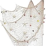 Nature Fish Net Wanddekoration mit Muscheln und 10 Stück natürlichen Seesternen Fischernetz im mediterranen Stil mit Meeresmotiven für Strandpartys Hochzeiten Fotografie Wanddekoration,150cm × 200cm