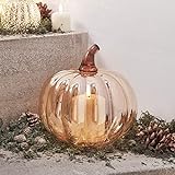 Lights4fun LED Kürbis Glas mit TruGlow® LED Kerze Windlicht Timer Halloween Deko Herbst
