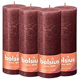 Bolsius Rustik Stumpenkerzen - Bordeauxrot - 4 Stück - 19 x 7 cm - Länge Brenndauer 85 Stunden - Unparfümierte - Natürliches Pflanzenwachs - Ohne Palmöl