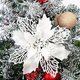 GLITZFAS 12 Stück Glitter Weihnachtsbaum Dekoration, Weihnachtsbaumschmuck Ornament aus Kunststoff, Weihnachten Blumen Dekor, Christbaumanhänger (Weiß,9 cm)